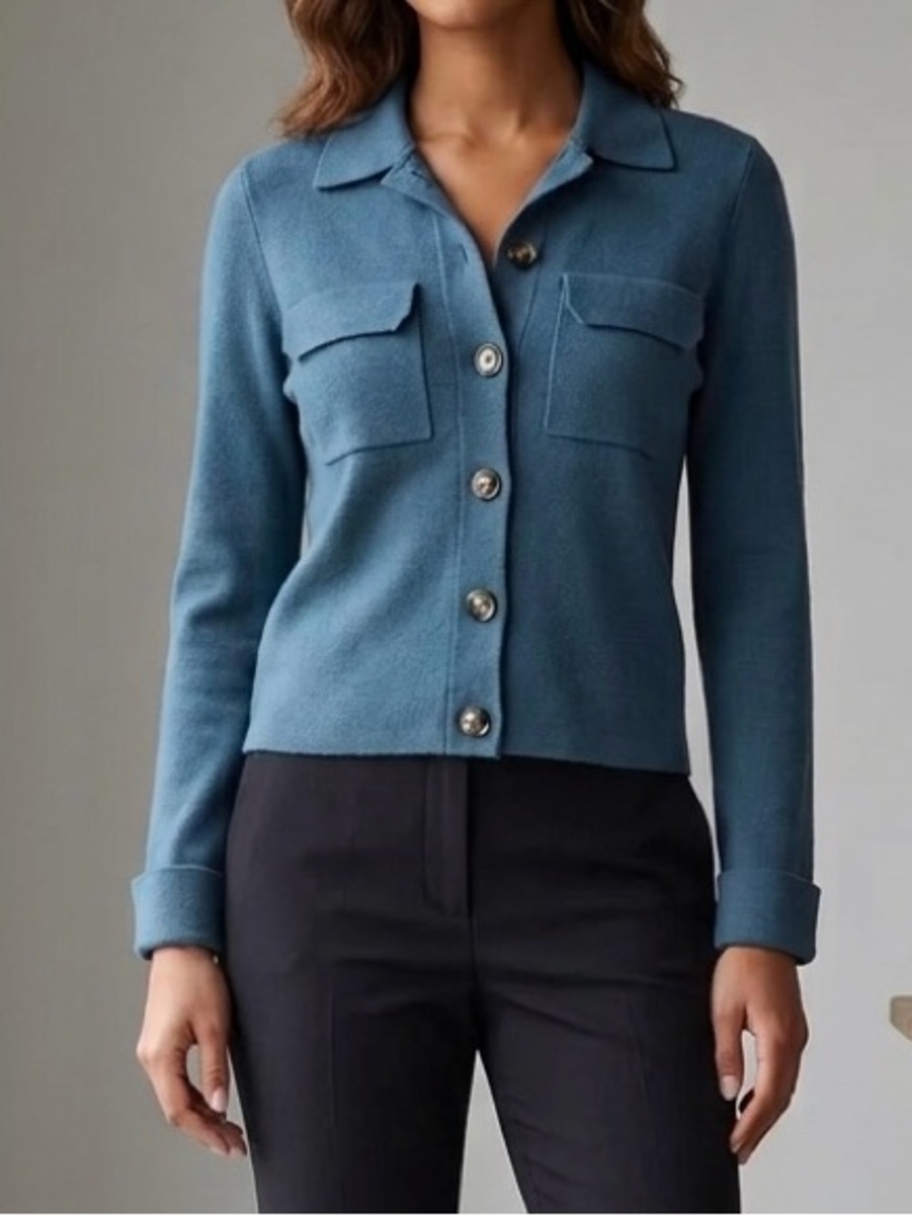 T Tahari Collared Button Front Knit Cardigan Shacket Teal Blue